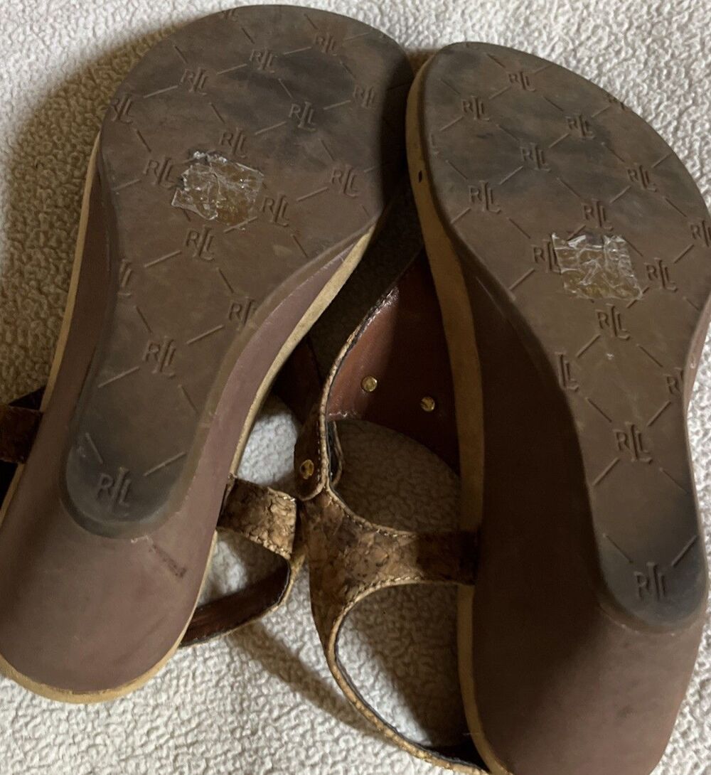 Lauren Ralph Lauren Sandals Women's 6 Tan Wedge Sandals Cork Strap Thong Slides - Picture 4 of 7